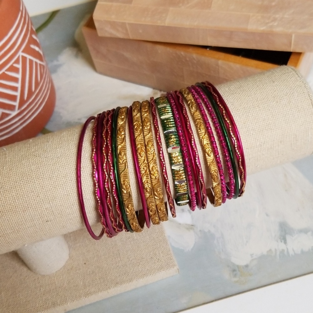 Indian Fashion Bangle Set Pink Green and Gold